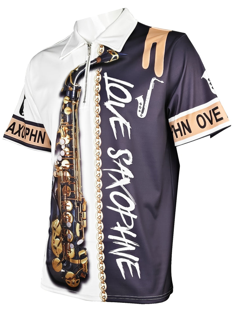Estampa padrão de saxofone, camisetas gráficas com zíper e mangas curtas casuais para homens, tops com gola lapela e pulôveres, roupas masculinas para o verão
