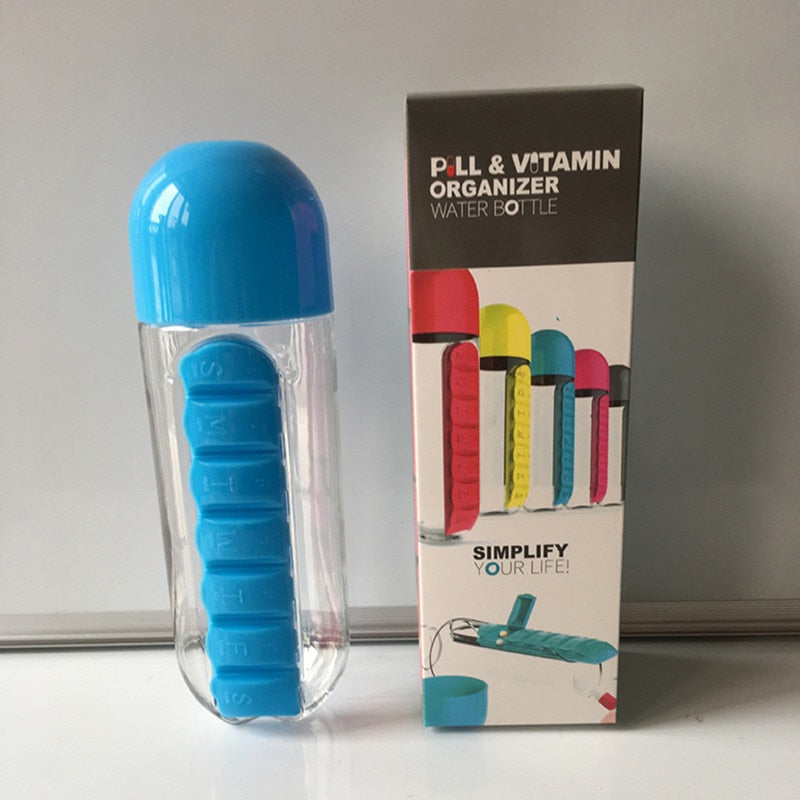 Organizador De Remédios,Garrafa Potável 2 em 1 Porta Pílula,Garrafa de Viagem Com 7 Compartimentos.