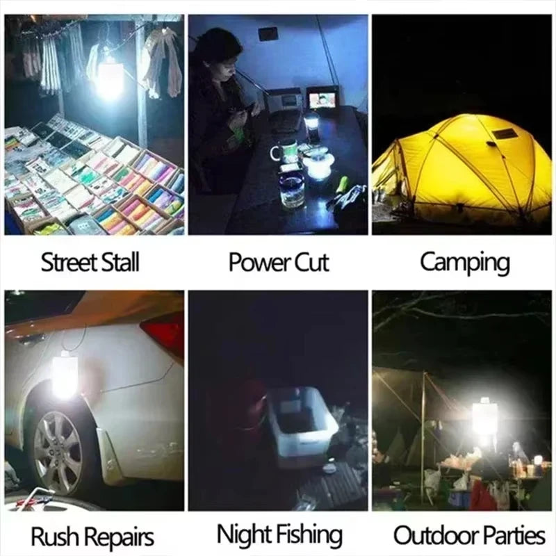 Lâmpada LED a luz solar de 100 W para áreas externas,portátil,recarregável por USB,com gancho para acampamento,serve para iluminar barraca ,é à prova d'água e economizadora de energia