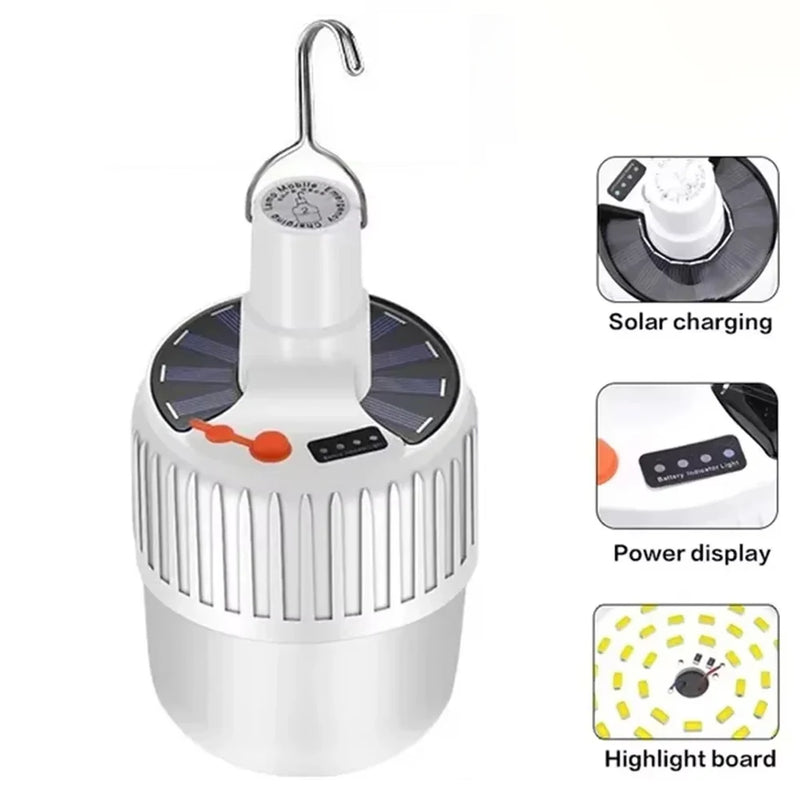 Lâmpada LED a luz solar de 100 W para áreas externas,portátil,recarregável por USB,com gancho para acampamento,serve para iluminar barraca ,é à prova d'água e economizadora de energia