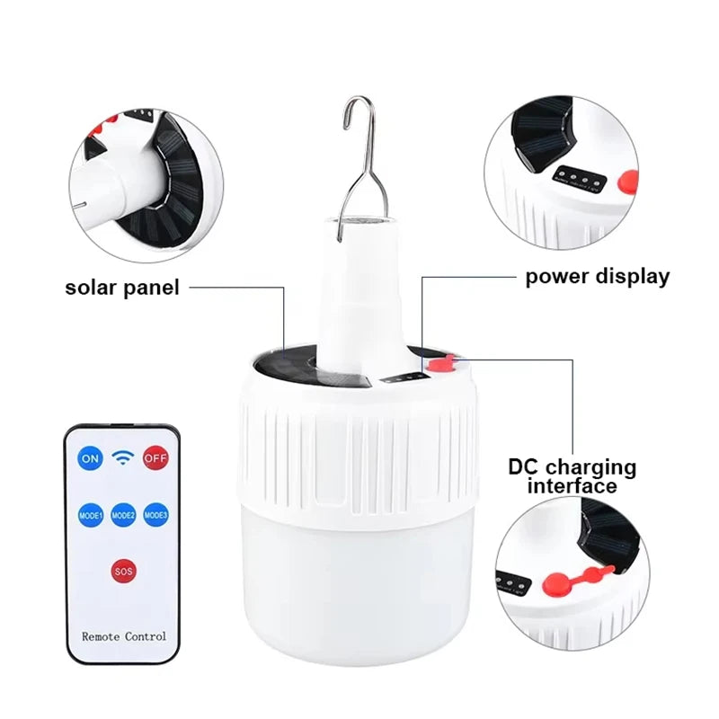 Lâmpada LED a luz solar de 100 W para áreas externas,portátil,recarregável por USB,com gancho para acampamento,serve para iluminar barraca ,é à prova d'água e economizadora de energia