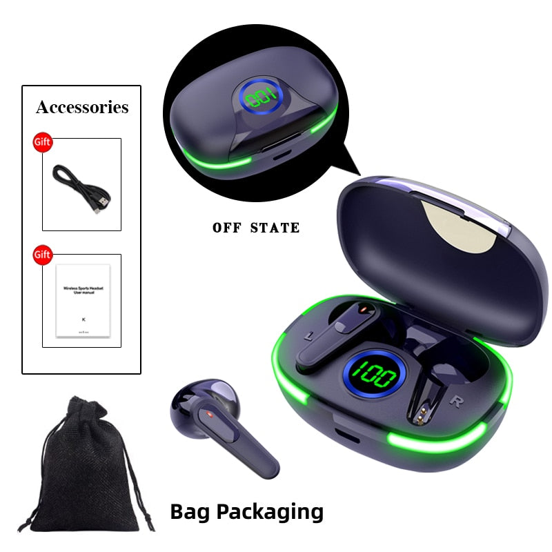 Estéreo fones de ouvido sem fio 5.1 bluetooth esportes ao ar livre com carregamento bin exibição de energia controle toque fones