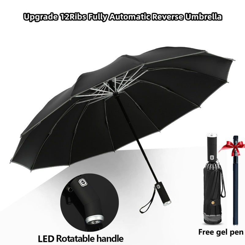 Guarda-chuva Dobrável Reverso Totalmente Automático com Lanterna LED 10 Costelas à Prova de Vento Reflexiva Listra UV Guarda-chuva Dobrável Para Sol ou Dia de Chuva