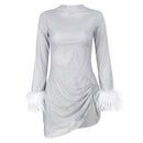 Vestido Elegante Glitter Brilhante Ruched, Mini Vestido Feminino, Moda Pele Manguito de Manga Longa Sexy Aplit, Lantejoulas .
