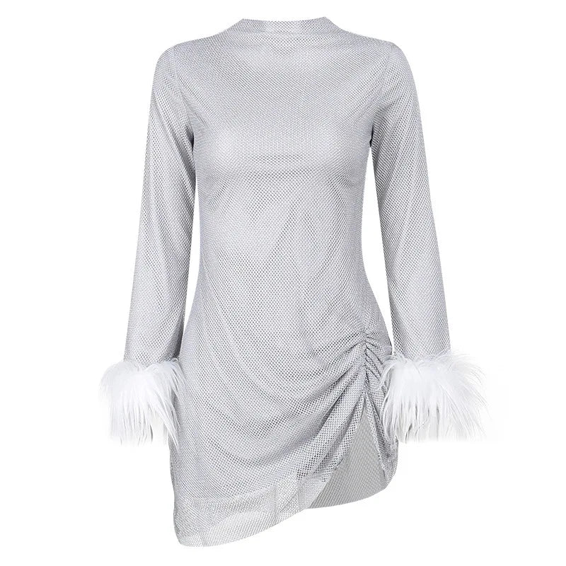 Vestido Elegante Glitter Brilhante Ruched, Mini Vestido Feminino, Moda Pele Manguito de Manga Longa Sexy Aplit, Lantejoulas .