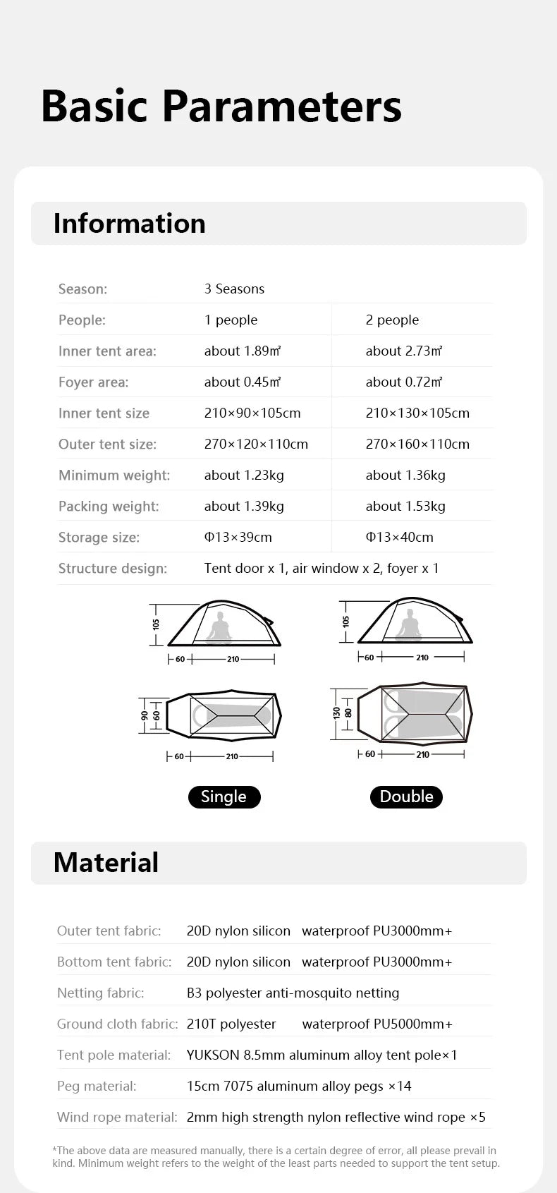 Barraca de Camping,Tenda para 2 Pessoas Ultraleve 20D para Acampamento,Pescas, à Prova D'água.