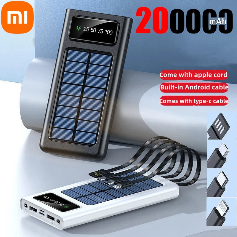 Xiaomi-Banco de Energia Solar, Bateria Solar 200000mAh, Grande Capacidade, Carregamento Rápido 2 Vias, Cabo Embutido, Bateria Externa