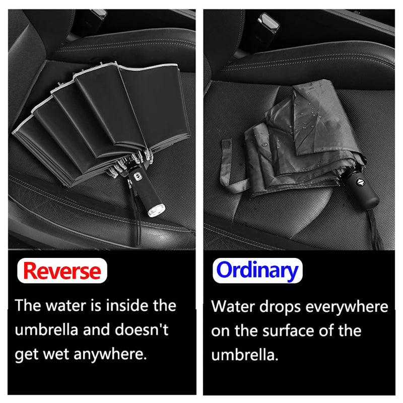 Guarda-chuva Dobrável Reverso Totalmente Automático com Lanterna LED 10 Costelas à Prova de Vento Reflexiva Listra UV Guarda-chuva Dobrável Para Sol ou Dia de Chuva