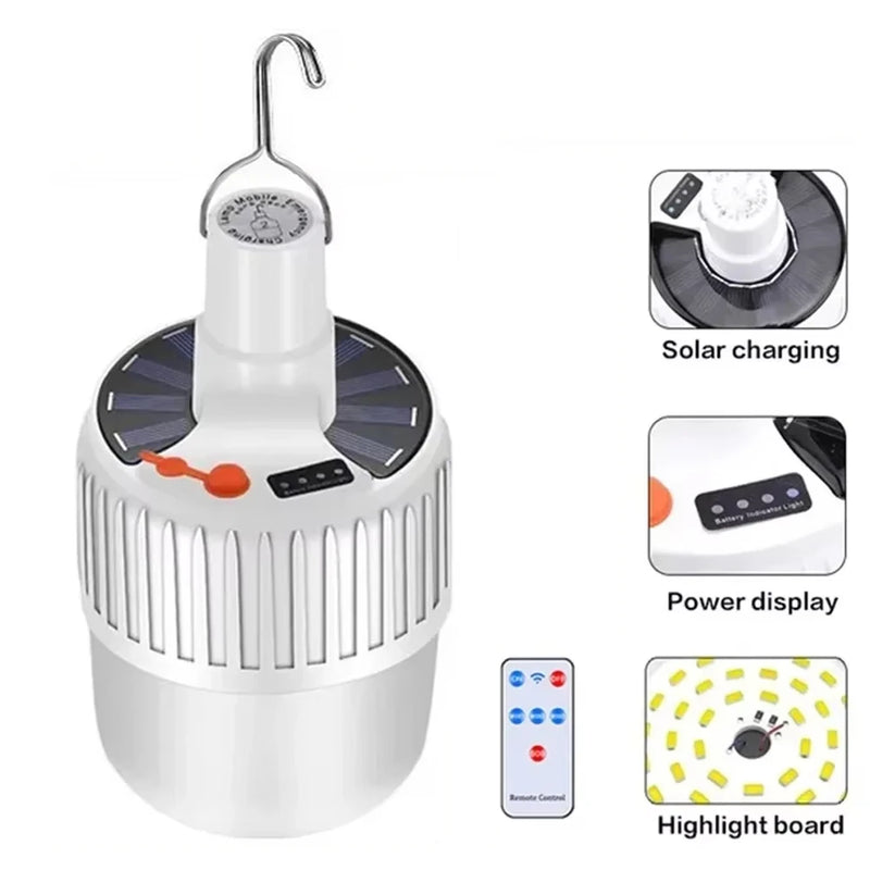 Lâmpada LED a luz solar de 100 W para áreas externas,portátil,recarregável por USB,com gancho para acampamento,serve para iluminar barraca ,é à prova d'água e economizadora de energia