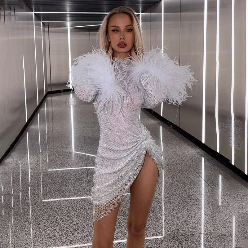 Vestido Elegante Glitter Brilhante Ruched, Mini Vestido Feminino, Moda Pele Manguito de Manga Longa Sexy Aplit, Lantejoulas .