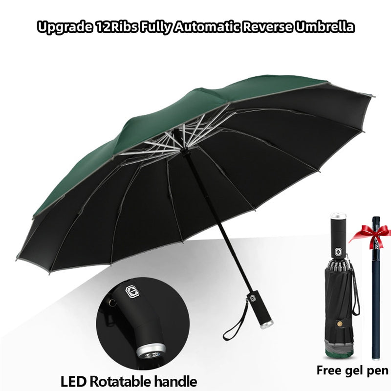 Guarda-chuva Dobrável Reverso Totalmente Automático com Lanterna LED 10 Costelas à Prova de Vento Reflexiva Listra UV Guarda-chuva Dobrável Para Sol ou Dia de Chuva