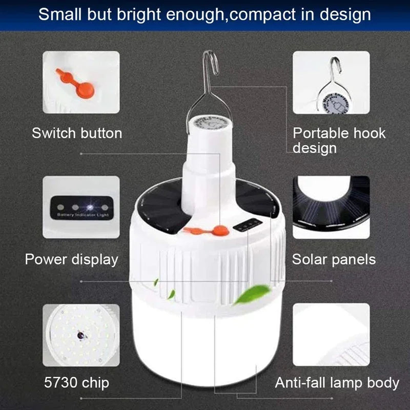 Lâmpada LED a luz solar de 100 W para áreas externas,portátil,recarregável por USB,com gancho para acampamento,serve para iluminar barraca ,é à prova d'água e economizadora de energia