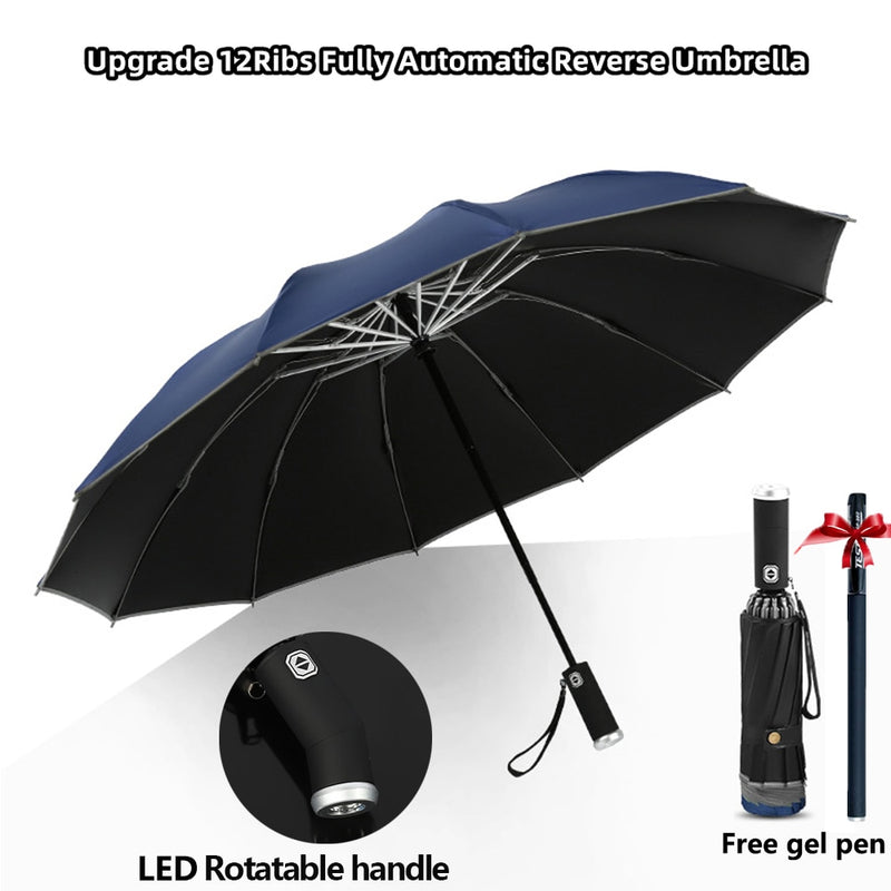 Guarda-chuva Dobrável Reverso Totalmente Automático com Lanterna LED 10 Costelas à Prova de Vento Reflexiva Listra UV Guarda-chuva Dobrável Para Sol ou Dia de Chuva