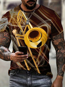 Camiseta masculina com estampa gráfica de instrumentos, manga curta, gola redonda, roupa masculina para atividades ao ar livre