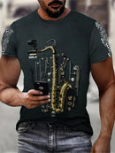 Camiseta masculina com estampa gráfica de instrumentos, manga curta, gola redonda, roupa masculina para atividades ao ar livre