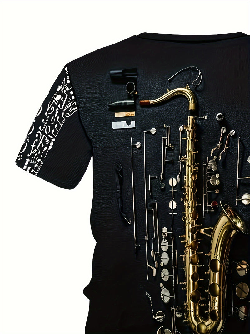 Camiseta masculina com estampa gráfica de instrumentos, manga curta, gola redonda, roupa masculina para atividades ao ar livre