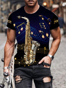 Camiseta masculina com estampa de saxofone digital 3D e notas musicais, gola redonda e mangas curtas, peça inovadora e moderna para homens, tops elegantes para lazer ao ar livre no verão