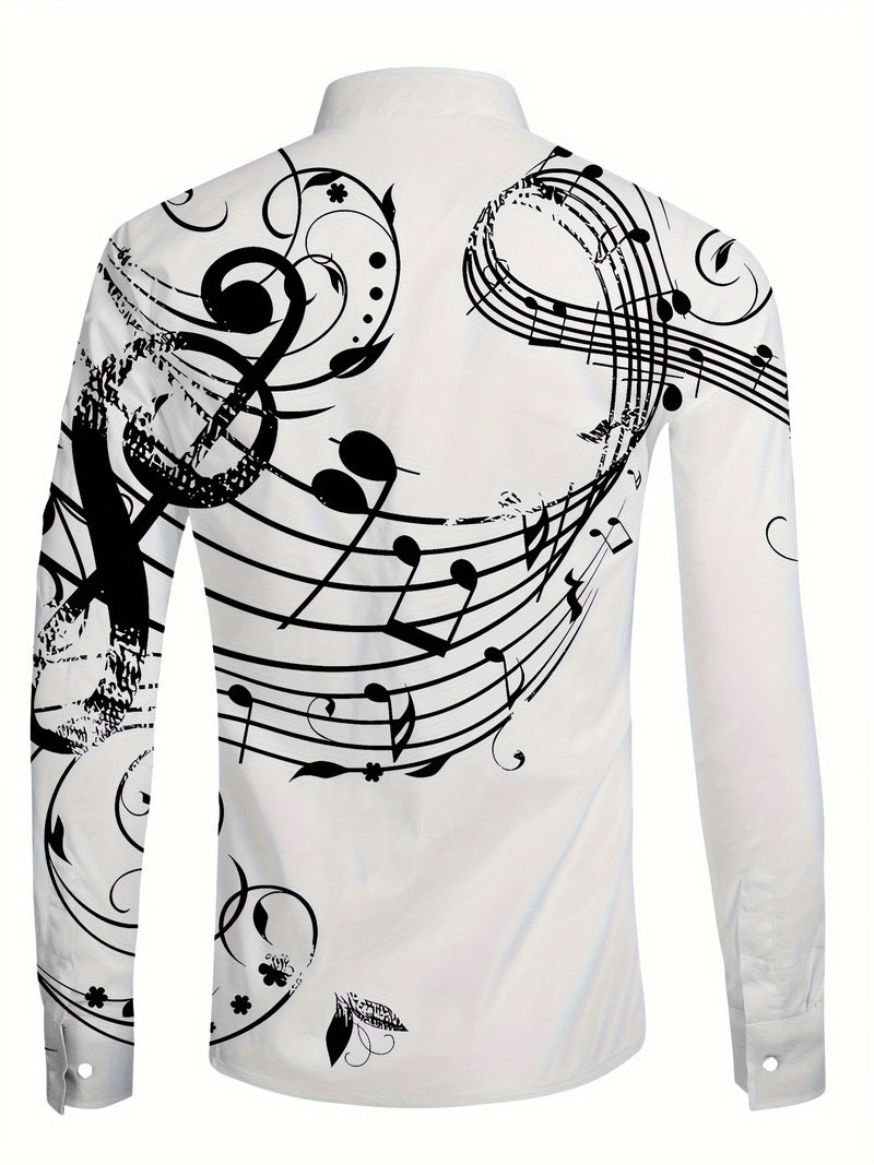 Camisa De Botão De Manga Longa Estilosa Para Homens Com Estampa De Notas Musicais, Ideal Para Primavera E Outono Ao Ar Livre.