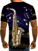 Camiseta masculina com estampa de saxofone digital 3D e notas musicais, gola redonda e mangas curtas, peça inovadora e moderna para homens, tops elegantes para lazer ao ar livre no verão