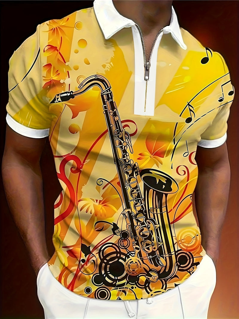 Camiseta de golfe estampada com listras gráficas de saxofone para homens, tendência de verão com mangas curtas para tênis