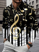 Camisa de lapela com zíper de manga longa elegante para homens com padrão de nota musical e piano, roupa de primavera outono, presente para homens