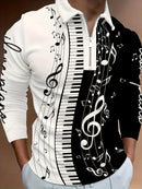 Camisa de negócios de golfe com estampa de teclado de piano para homens de tamanho grande, ajuste elegante, manga longa para outono/inverno, roupas masculinas