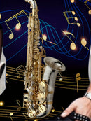 Camiseta masculina com estampa de saxofone digital 3D e notas musicais, gola redonda e mangas curtas, peça inovadora e moderna para homens, tops elegantes para lazer ao ar livre no verão