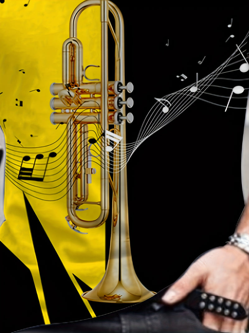 Camiseta casual e estilosa de manga curta com padrão de bloco de cores contrastantes em 3D e desenho de um trompete 🎺