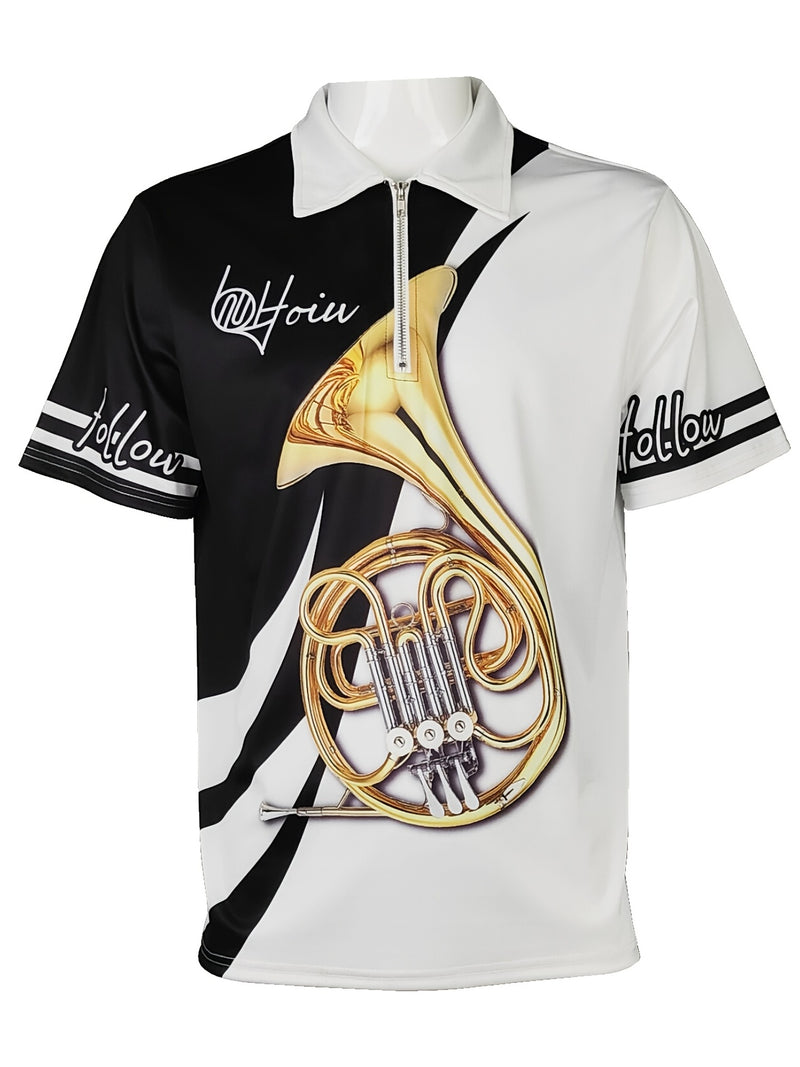 Camisa masculina de manga curta com zíper, padrão de instrumento musical, camisa masculina moderna para esportes de golfe, presente para homem