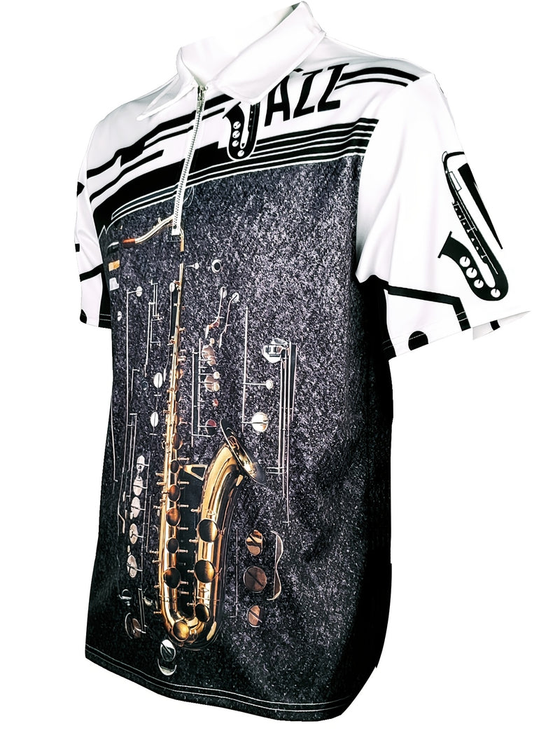 Camisetas gráficas com zíper de mangas curtas casuais para homens, com elementos musicais, gola lapela, blusas de pulôver, roupas masculinas para o verão