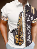 Estampa padrão de saxofone, camisetas gráficas com zíper e mangas curtas casuais para homens, tops com gola lapela e pulôveres, roupas masculinas para o verão