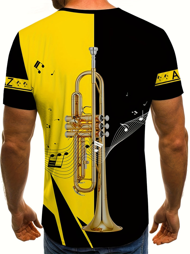 Camiseta casual e estilosa de manga curta com padrão de bloco de cores contrastantes em 3D e desenho de um trompete 🎺