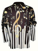 Camisa de lapela com zíper de manga longa elegante para homens com padrão de nota musical e piano, roupa de primavera outono, presente para homens