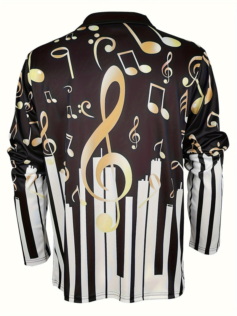 Camisa de lapela com zíper de manga longa elegante para homens com padrão de nota musical e piano, roupa de primavera outono, presente para homens