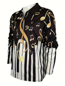 Camisa de lapela com zíper de manga longa elegante para homens com padrão de nota musical e piano, roupa de primavera outono, presente para homens