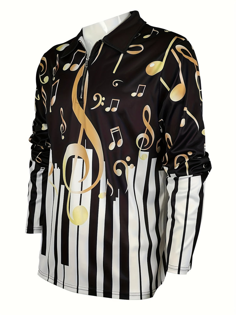 Camisa de lapela com zíper de manga longa elegante para homens com padrão de nota musical e piano, roupa de primavera outono, presente para homens
