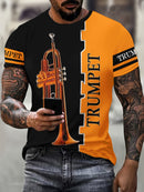 Camiseta Com Design Dividido Em Preto E Laranja, Com Impressão 3D De Instrumento Musical Masculino, Para Amantes De Trompete, Com Gola Redonda E Mangas Curtas, Ideal Para O Verão Ao Ar Livre.
