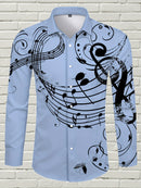 Camisa De Botão De Manga Longa Estilosa Para Homens Com Estampa De Notas Musicais, Ideal Para Primavera E Outono Ao Ar Livre.