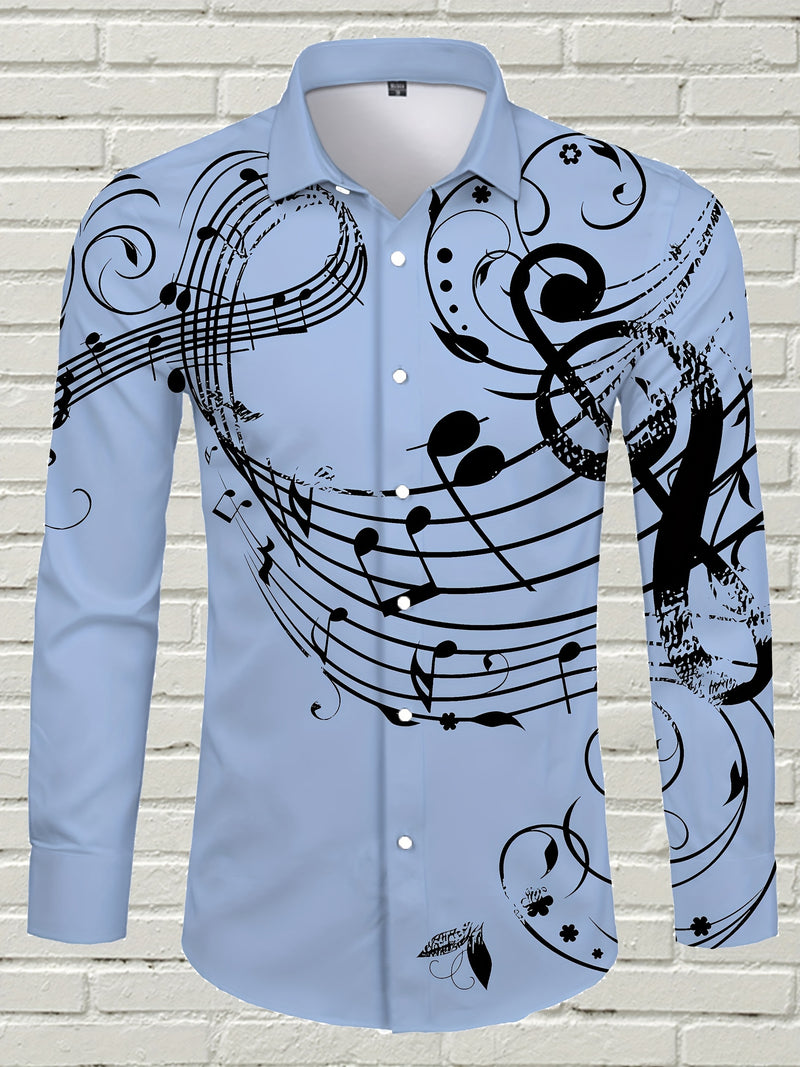 Camisa De Botão De Manga Longa Estilosa Para Homens Com Estampa De Notas Musicais, Ideal Para Primavera E Outono Ao Ar Livre.