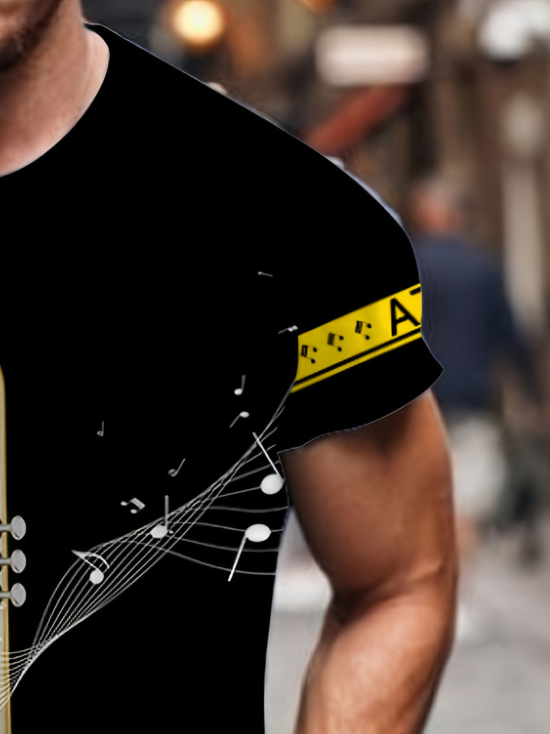 Camiseta casual e estilosa de manga curta com padrão de bloco de cores contrastantes em 3D e desenho de um trompete 🎺