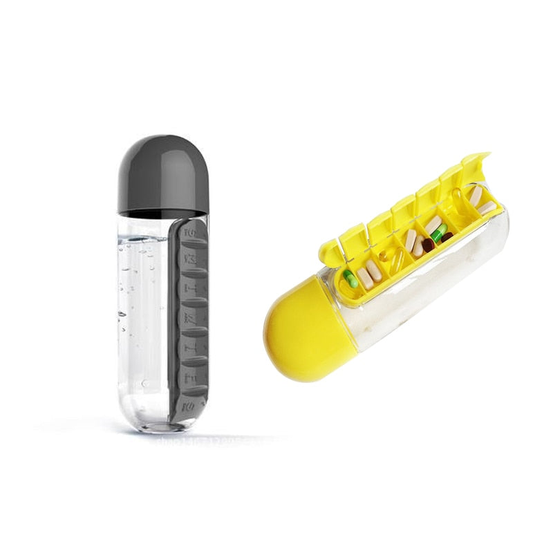 Organizador De Remédios,Garrafa Potável 2 em 1 Porta Pílula,Garrafa de Viagem Com 7 Compartimentos.